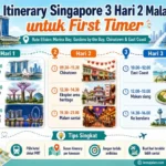 Infografis itinerary Singapore 3 hari 2 malam untuk first timer dengan jadwal hari pertama di Marina Bay dan Gardens by the Bay, hari kedua di Chinatown, serta hari ketiga di East Coast sebelum pulang.
