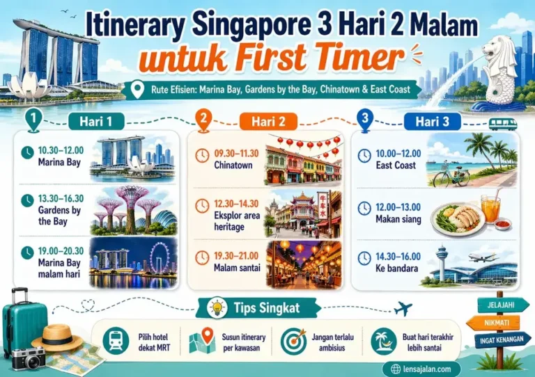 Infografis itinerary Singapore 3 hari 2 malam untuk first timer dengan jadwal hari pertama di Marina Bay dan Gardens by the Bay, hari kedua di Chinatown, serta hari ketiga di East Coast sebelum pulang.