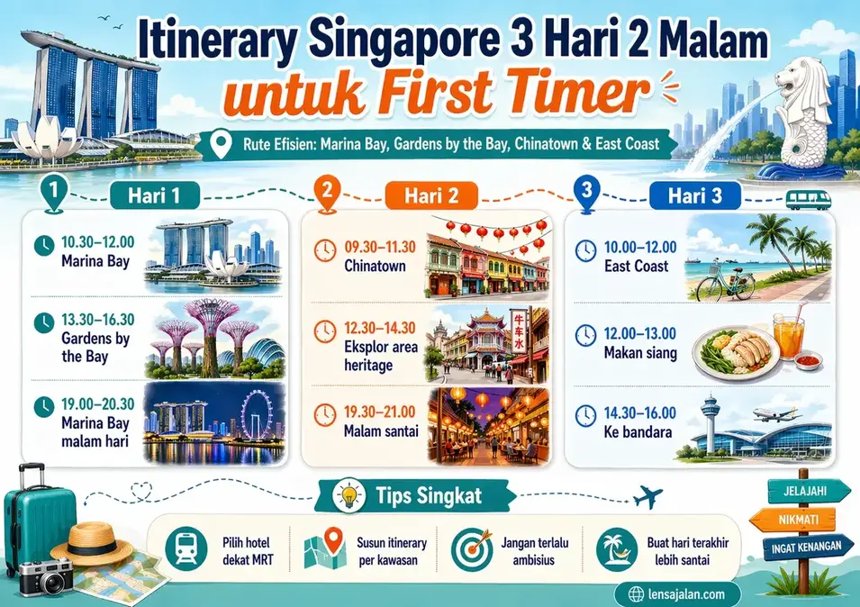 Infografis itinerary Singapore 3 hari 2 malam untuk first timer dengan jadwal hari pertama di Marina Bay dan Gardens by the Bay, hari kedua di Chinatown, serta hari ketiga di East Coast sebelum pulang.