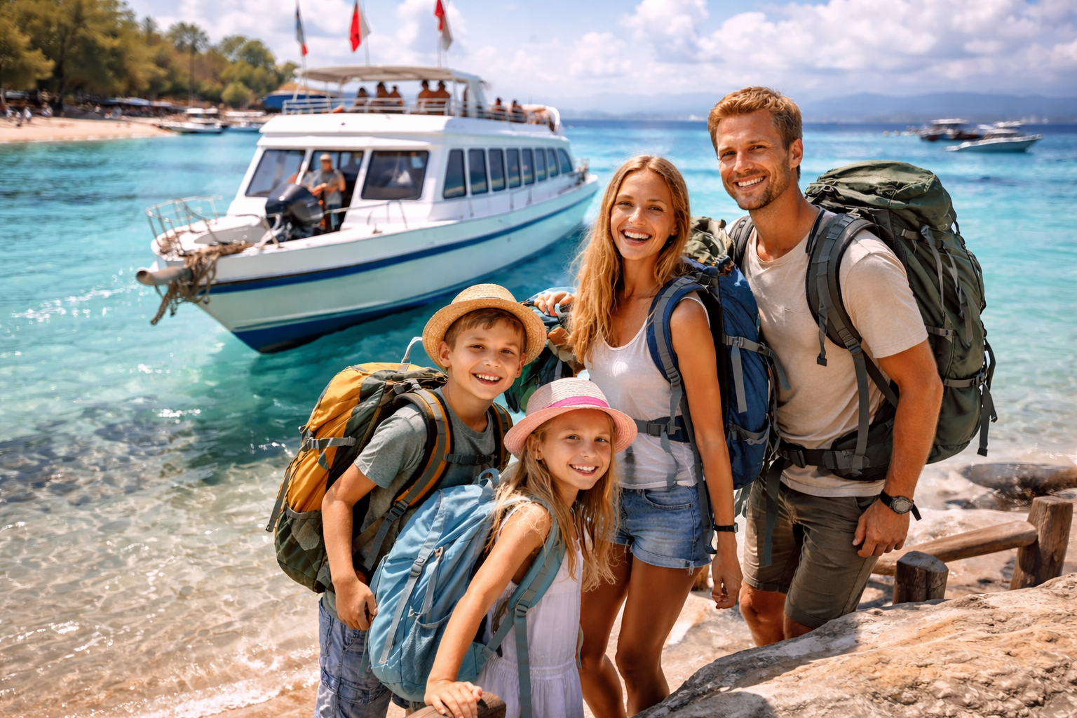 keluarga backpacker pertama kali ke gili trawangan naik boat dari lombok