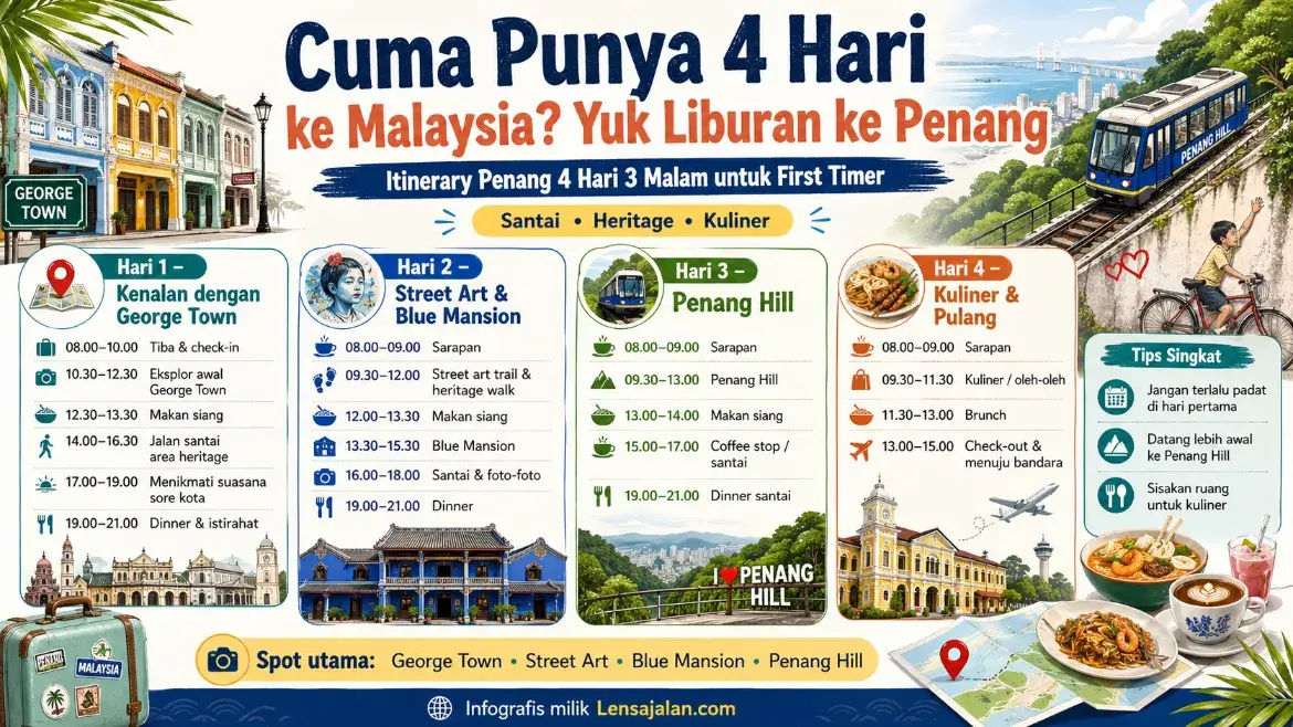 Infografis itinerary Penang 4 hari 3 malam untuk first timer dengan rute George Town, street art, Blue Mansion, Penang Hill, kuliner lokal, dan tips liburan singkat.