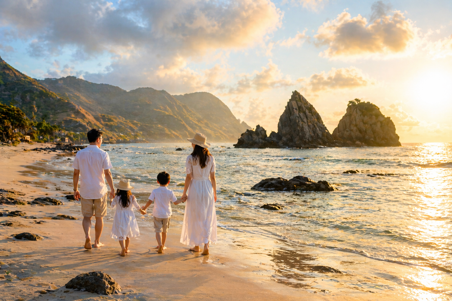 keluarga liburan di pantai lombok dengan pemandangan sunset dan laut biru