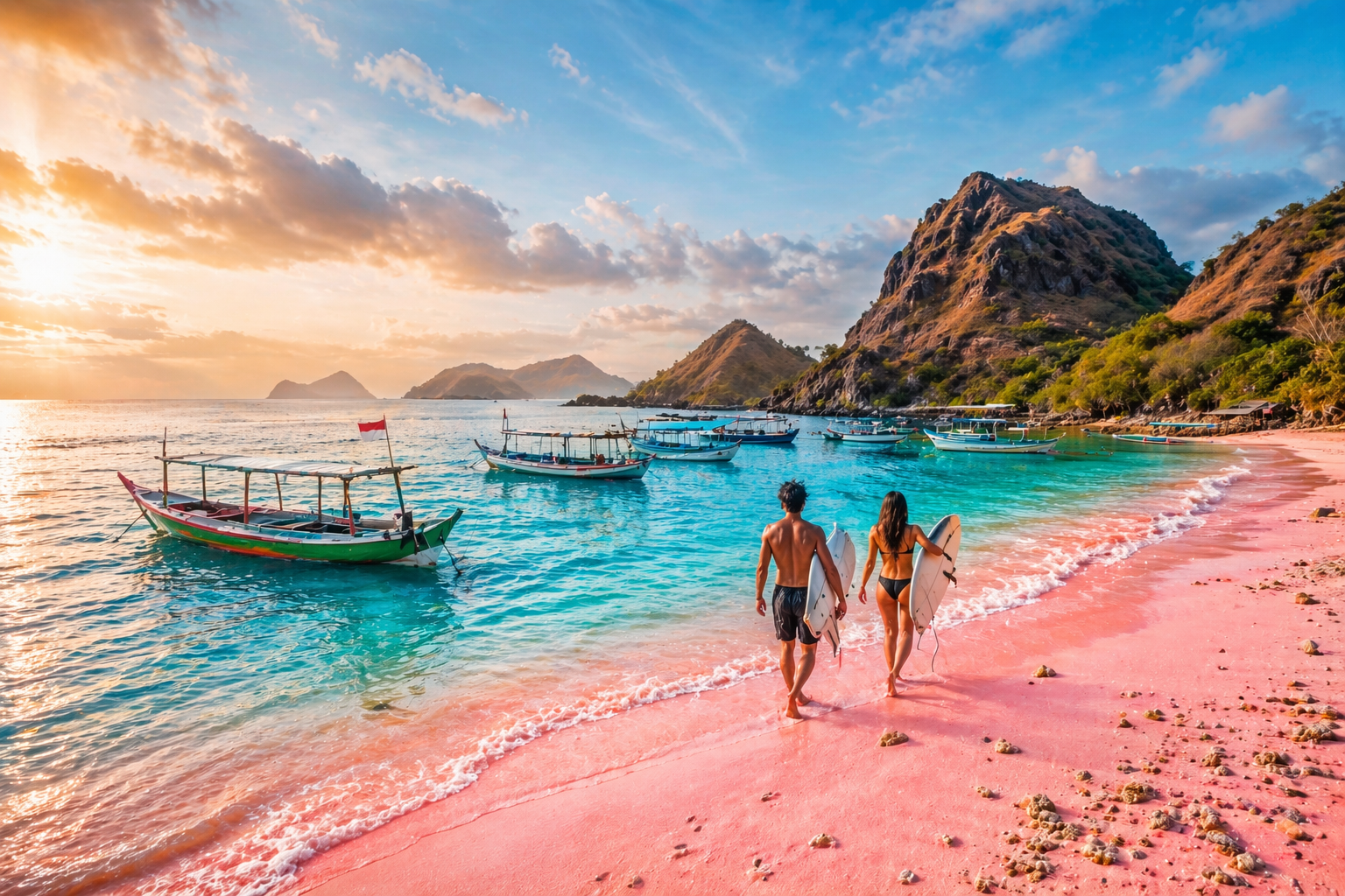 pasangan berlari menuju ombak untuk surfing di pantai pink lombok dengan pasir merah muda alami