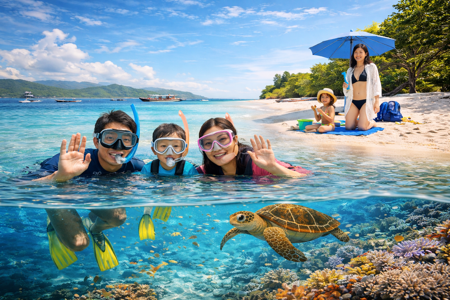 keluarga wisatawan snorkeling di Gili Lombok melihat penyu laut di air jernih