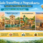 Banner infografis solo travelling di Yogyakarta saat libur panjang dengan rute aman melalui Malioboro, Taman Sari, Jogokariyan, dan HeHa Sky View, lengkap dengan tips perjalanan hemat dan nyaman.