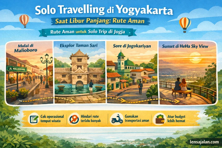 Banner infografis solo travelling di Yogyakarta saat libur panjang dengan rute aman melalui Malioboro, Taman Sari, Jogokariyan, dan HeHa Sky View, lengkap dengan tips perjalanan hemat dan nyaman.