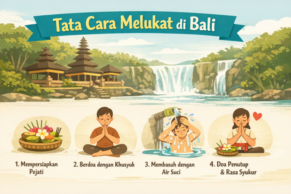 Infografis berformat landscape berjudul “Tata Cara Melukat di Bali” dengan latar pemandangan pura Bali dan air terjun. Di bagian bawah terdapat empat ilustrasi sederhana yang menjelaskan langkah-langkah melukat: (1) menyiapkan pejati atau sesajen, (2) berdoa dengan khusyuk, (3) membasuh tubuh dengan air suci di pancuran, dan (4) doa penutup serta rasa syukur. Desain menggunakan gaya ilustrasi yang bersih, warna lembut, dan tampilan minimalis.