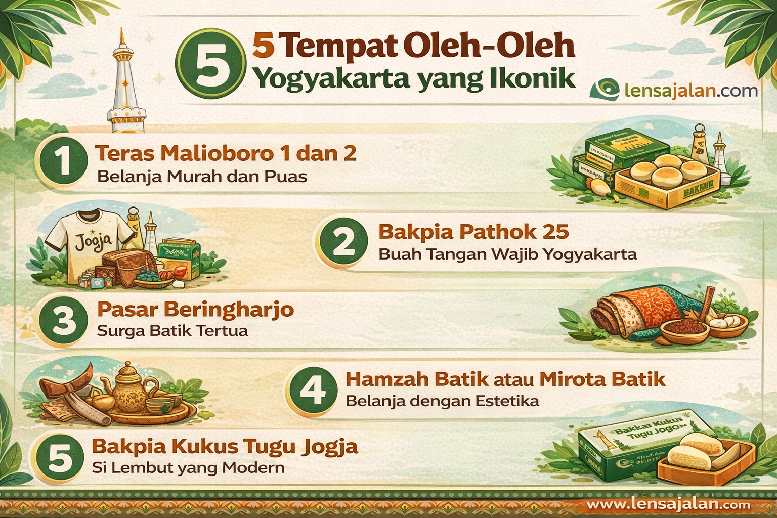 Infografis 5 tempat oleh-oleh Yogyakarta yang ikonik seperti Teras Malioboro, Bakpia Pathok 25, Pasar Beringharjo, Hamzah Batik, dan Bakpia Kukus Tugu Jogja