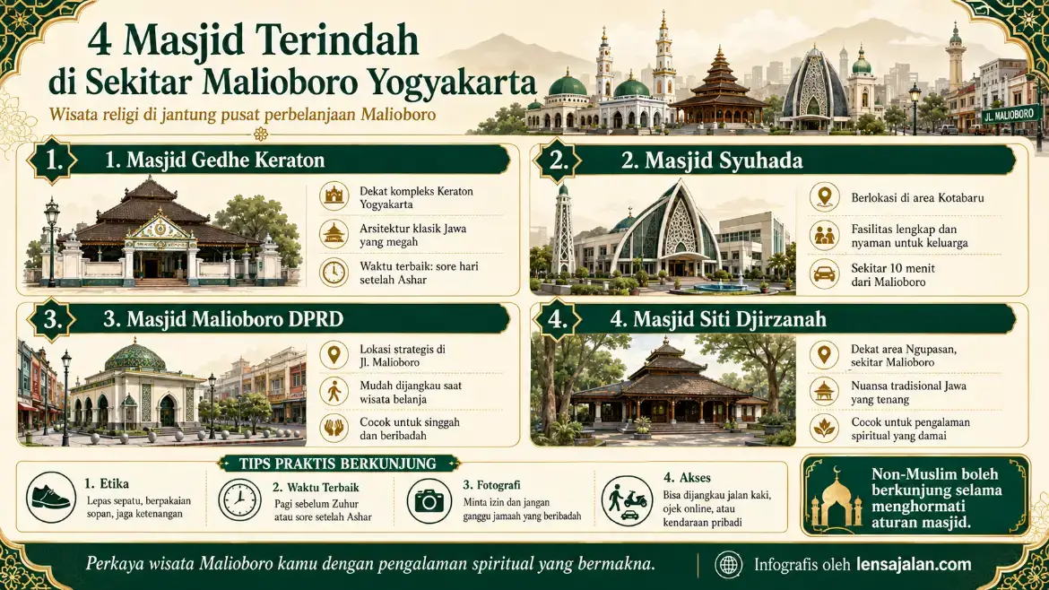 Infografis 4 masjid terindah di sekitar Malioboro Yogyakarta lengkap dengan lokasi, keunikan, tips kunjungan, dan informasi wisata religi.