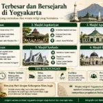 Infografis 6 masjid terbesar dan bersejarah di Yogyakarta berisi Masjid Gede Kauman, Masjid Jogokariyan, Masjid Agung Puro Pakualaman, Masjid Gedhe Mataram, Masjid Syuhada, dan Masjid Siti Djirzanah.
