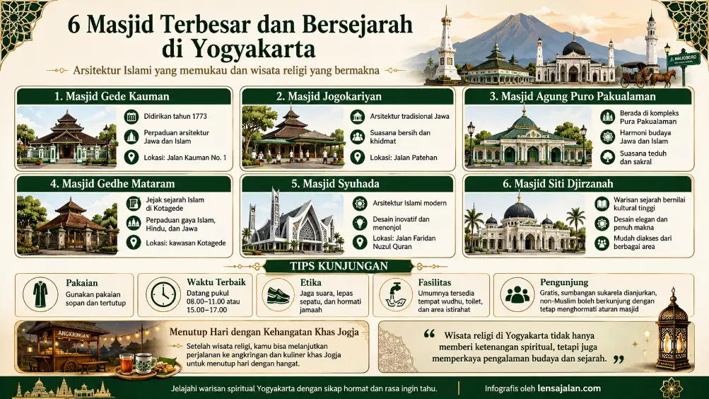 Infografis 6 masjid terbesar dan bersejarah di Yogyakarta berisi Masjid Gede Kauman, Masjid Jogokariyan, Masjid Agung Puro Pakualaman, Masjid Gedhe Mataram, Masjid Syuhada, dan Masjid Siti Djirzanah.
