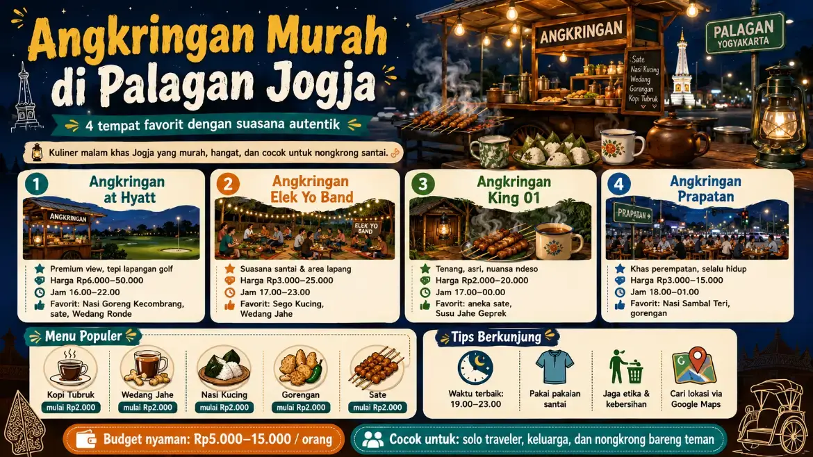 Infografis rekomendasi angkringan murah di Palagan Jogja, menampilkan 4 tempat favorit yaitu Angkringan at Hyatt, Angkringan Elek Yo Band, Angkringan King 01, dan Angkringan Prapatan lengkap dengan harga, jam buka, menu populer, dan tips berkunjung.