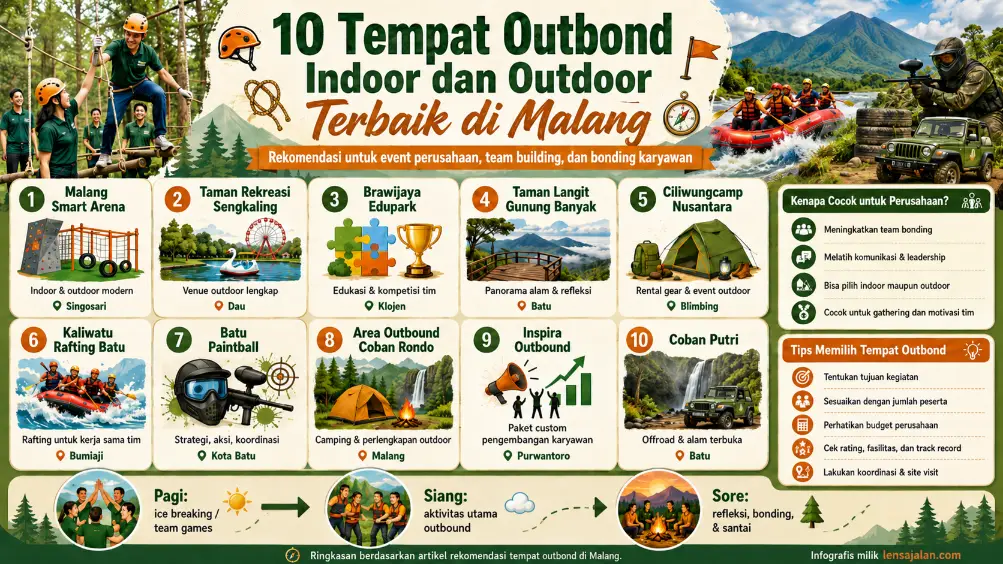 Infografis 10 tempat outbond indoor dan outdoor terbaik di Malang untuk event perusahaan, team building, dan bonding karyawan versi Lensa Jalan.