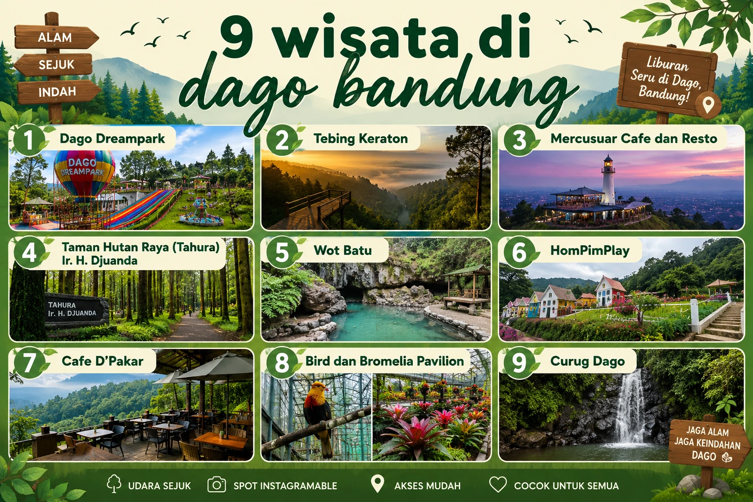 Infografis landscape berjudul “9 Wisata di Dago Bandung” yang menampilkan sembilan destinasi wisata populer di kawasan Dago Bandung, yaitu Dago Dreampark, Tebing Keraton, Mercusuar Cafe dan Resto, Tahura Ir. H. Djuanda, Wot Batu, HomPimPlay, Cafe D’Pakar, Bird dan Bromelia Pavilion, serta Curug Dago dengan desain bernuansa alam hijau dan pegunungan.