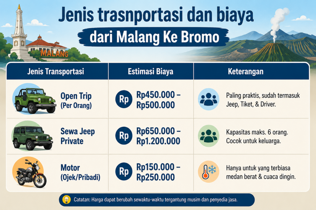 infografis kendaraan dan info biaya ke bromo dari malang