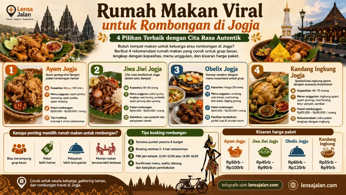 Infografis rumah makan viral untuk rombongan di Jogja berisi rekomendasi Ayom Jogja, Jiwa Jiwi Jogja, Obelix Jogja, dan Kandang Ingkung Jogja lengkap dengan kapasitas, menu unggulan, kisaran harga paket, dan tips booking rombongan dari lensajalan.com.
