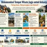 Infografis rekomendasi tempat wisata Jogja untuk keluarga berisi pilihan destinasi aman dan edukatif seperti Candi Borobudur, Taman Pintar Yogyakarta, Waterboom Jogja, dan Kebun Binatang Jogja lengkap dengan tiket, jam buka, durasi kunjungan, itinerary 3 hari, tips wisata, dan estimasi budget dari lensajalan.com.