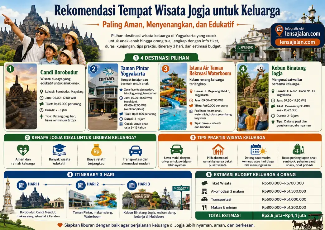 Infografis rekomendasi tempat wisata Jogja untuk keluarga berisi pilihan destinasi aman dan edukatif seperti Candi Borobudur, Taman Pintar Yogyakarta, Waterboom Jogja, dan Kebun Binatang Jogja lengkap dengan tiket, jam buka, durasi kunjungan, itinerary 3 hari, tips wisata, dan estimasi budget dari lensajalan.com.