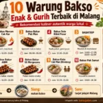 Infografis 10 warung bakso enak dan gurih terbaik di Malang versi Lensa Jalan, lengkap dengan jam buka dan tips berkunjung.