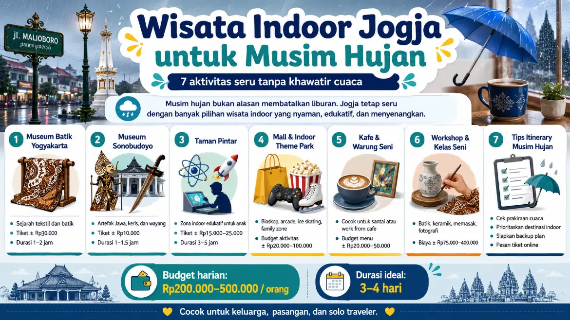 Infografis wisata indoor Jogja untuk musim hujan yang menampilkan 7 aktivitas seru tanpa khawatir cuaca, mulai dari museum, Taman Pintar, mall, kafe, workshop seni, hingga tips merencanakan itinerary indoor.
