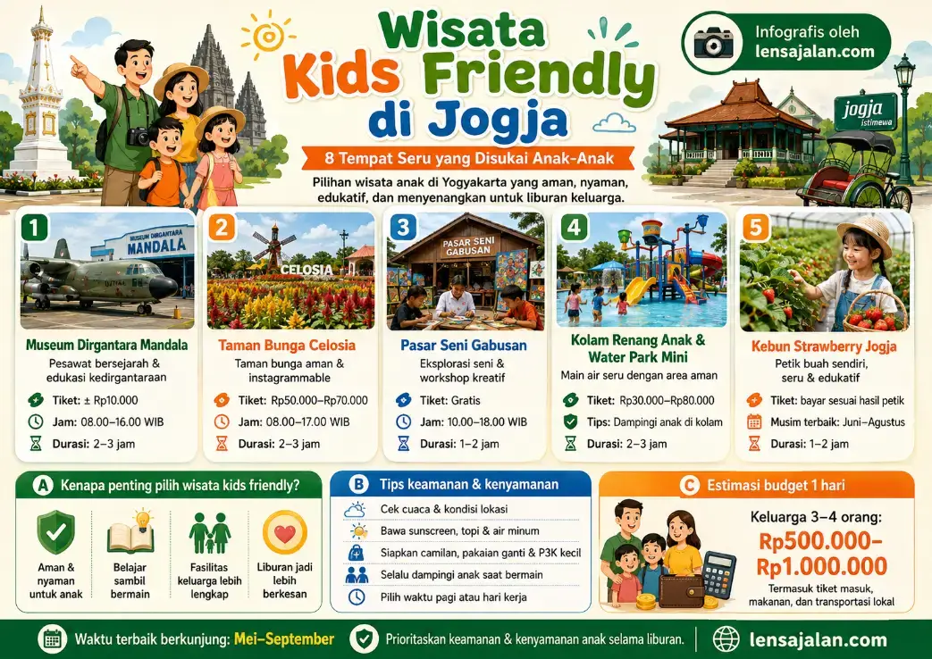 Infografis wisata kids friendly di Jogja yang menampilkan 5 tempat seru untuk anak-anak, yaitu Museum Dirgantara Mandala, Taman Bunga Celosia, Pasar Seni Gabusan, kolam renang anak dan water park mini, serta Kebun Strawberry Jogja, lengkap dengan tips keamanan dan estimasi budget liburan keluarga.