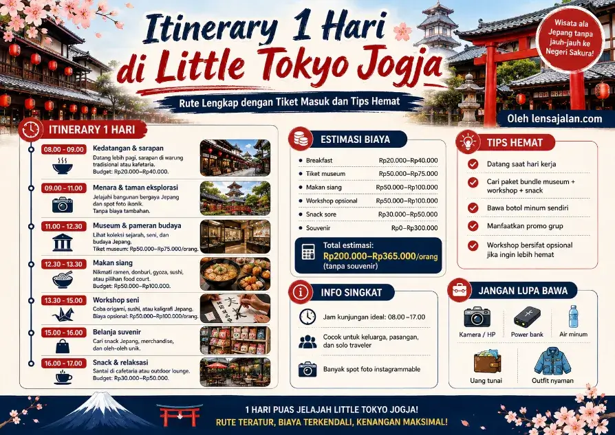 Infografis itinerary 1 hari di Little Tokyo Jogja lengkap dengan rute kunjungan, estimasi biaya, tiket masuk, tips hemat, dan perlengkapan yang perlu dibawa.