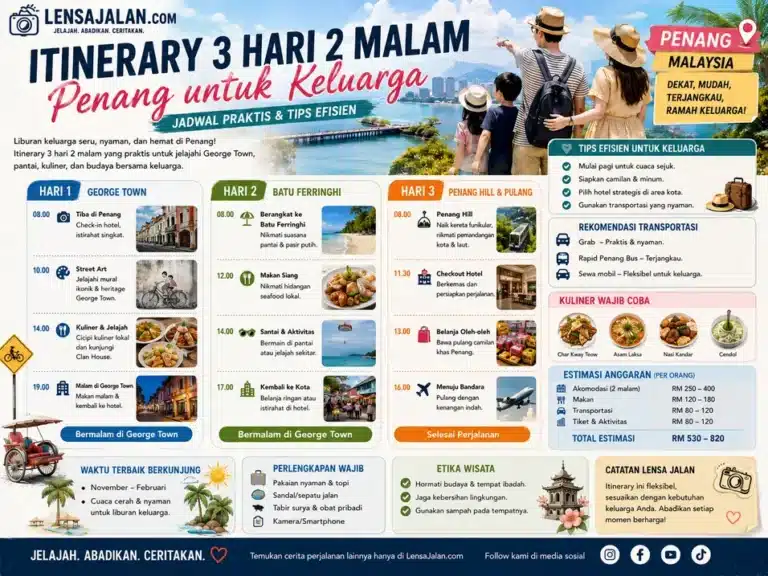 Infografis itinerary 3 hari 2 malam di Penang untuk keluarga, menampilkan jadwal harian ke George Town, Batu Ferringhi, dan Penang Hill, lengkap dengan tips praktis, kuliner, transportasi, dan estimasi anggaran.