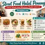 Infografis kuliner halal Penang untuk wisatawan Muslim Indonesia, menampilkan street food halal, nasi beriani, mee goreng, kopi tarik, dessert lokal, tips cek sertifikasi halal, dan rekomendasi area makan di George Town.