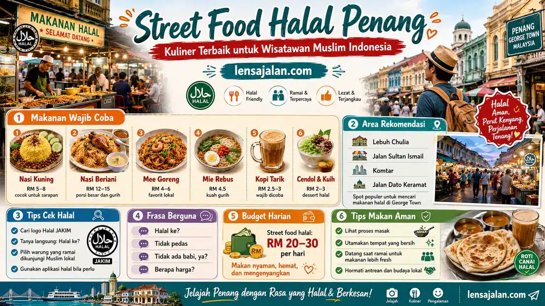 Infografis kuliner halal Penang untuk wisatawan Muslim Indonesia, menampilkan street food halal, nasi beriani, mee goreng, kopi tarik, dessert lokal, tips cek sertifikasi halal, dan rekomendasi area makan di George Town.