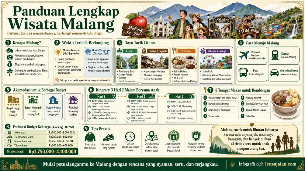 Infografis panduan lengkap wisata Malang berisi destinasi wisata, waktu terbaik berkunjung, cara menuju Malang, akomodasi, itinerary, tips, tempat makan rombongan, dan estimasi budget keluarga.