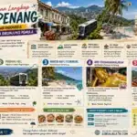 Infografis panduan wisata Penang untuk wisatawan Indonesia pemula, menampilkan George Town, Penang Hill, Pantai Batu Ferringhi, Wat Chayamangkalaram, Kek Lok Si Temple, tips transportasi, kuliner wajib coba, dan itinerary 3 hari 2 malam.