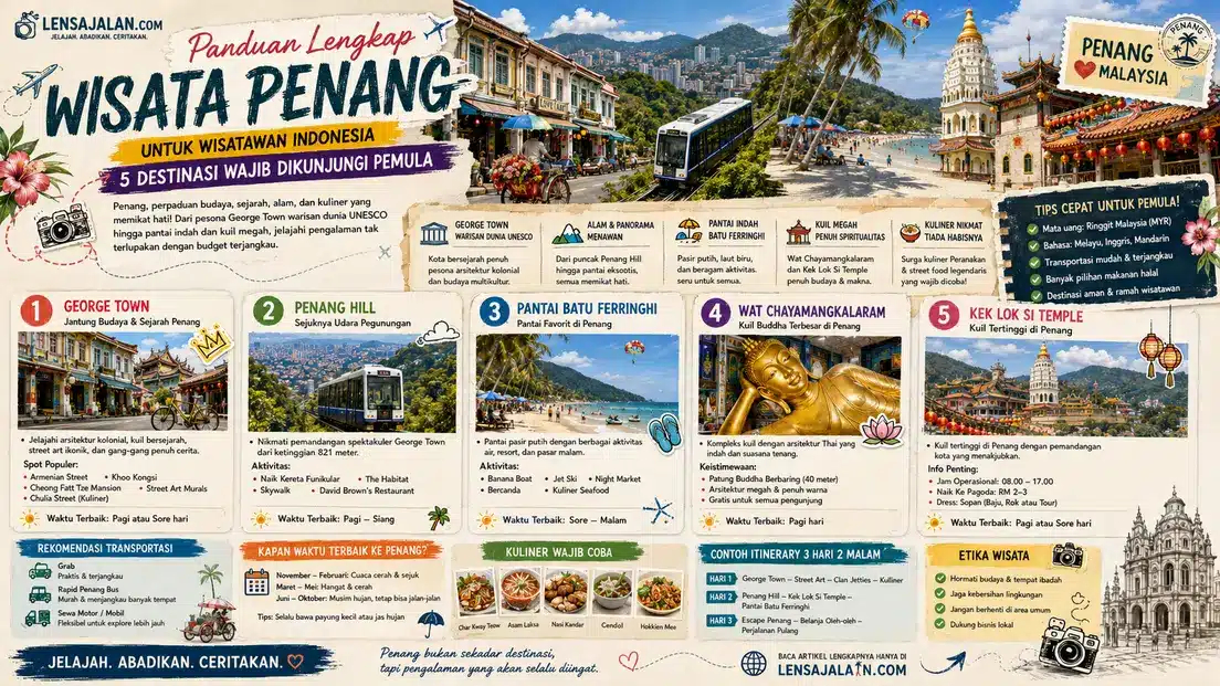 Infografis panduan wisata Penang untuk wisatawan Indonesia pemula, menampilkan George Town, Penang Hill, Pantai Batu Ferringhi, Wat Chayamangkalaram, Kek Lok Si Temple, tips transportasi, kuliner wajib coba, dan itinerary 3 hari 2 malam.