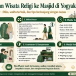 Infografis panduan wisata religi ke masjid di Yogyakarta berisi etika berkunjung, waktu terbaik, tips fotografi, keamanan, dan rekomendasi masjid.