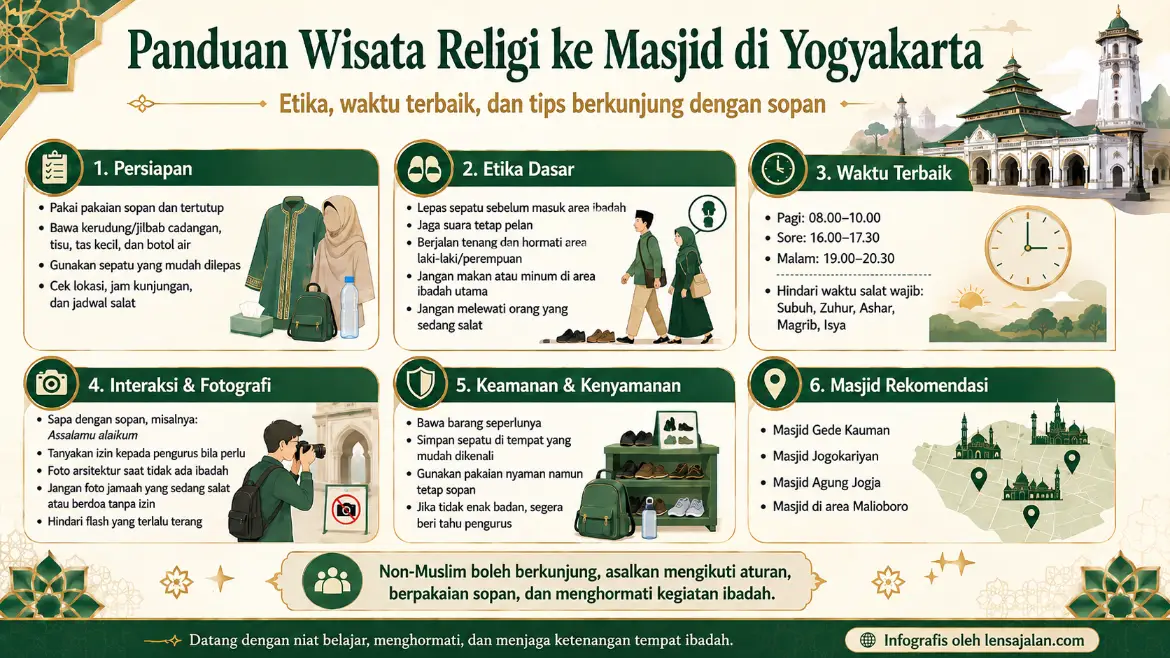 Infografis panduan wisata religi ke masjid di Yogyakarta berisi etika berkunjung, waktu terbaik, tips fotografi, keamanan, dan rekomendasi masjid.