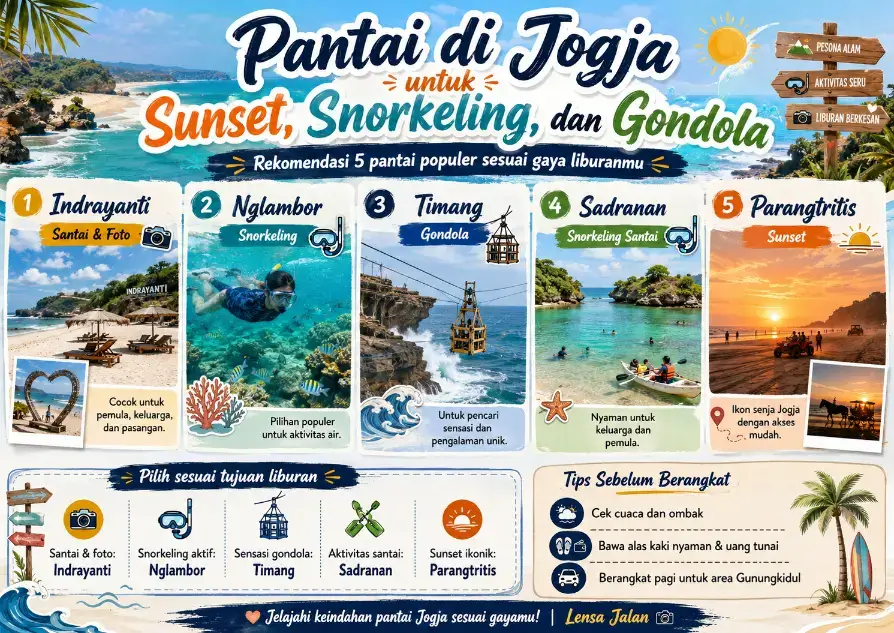 Infografis rekomendasi pantai di Jogja untuk sunset, snorkeling, dan gondola, menampilkan Pantai Indrayanti, Nglambor, Timang, Sadranan, dan Parangtritis lengkap dengan tips liburan singkat.