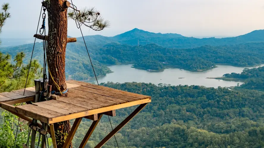 pemandangan danau dari atas rumah pohon untuk flying fox di Kalibiru jogja