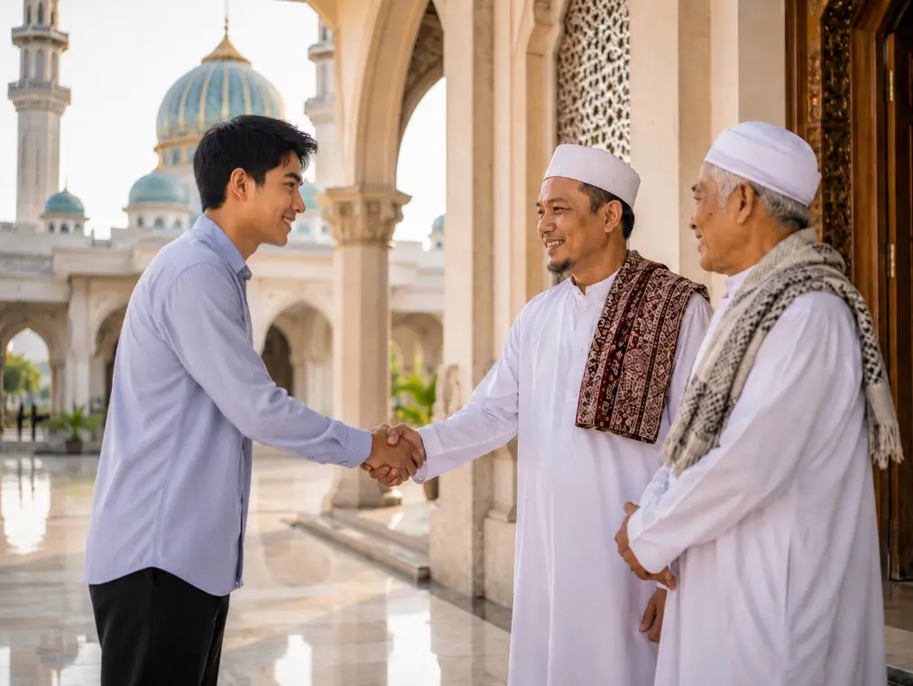 seorang pria sedang berjabat tangan dengan pengurus masjid