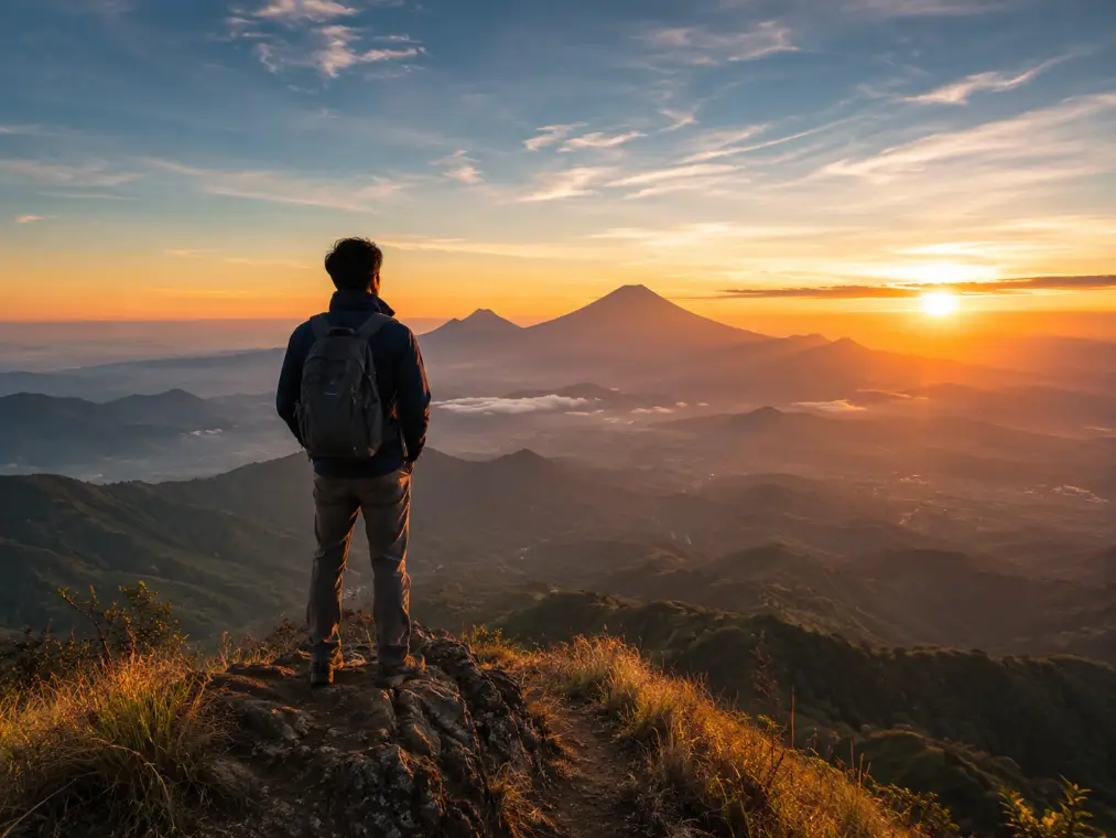 seorang laki laki sedang di puncak gunung melihat ke arah sunrise sendirian
