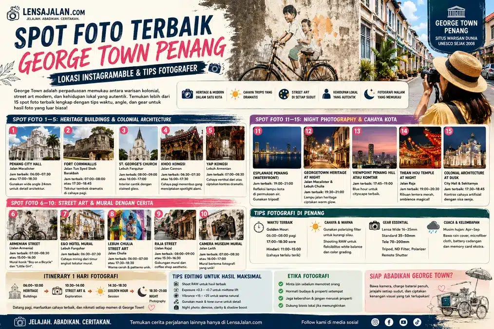 Infografis spot foto terbaik George Town Penang dengan ilustrasi heritage buildings, street art, mural ikonik, night photography, kamera, dan tips fotografer untuk wisatawan Indonesia.