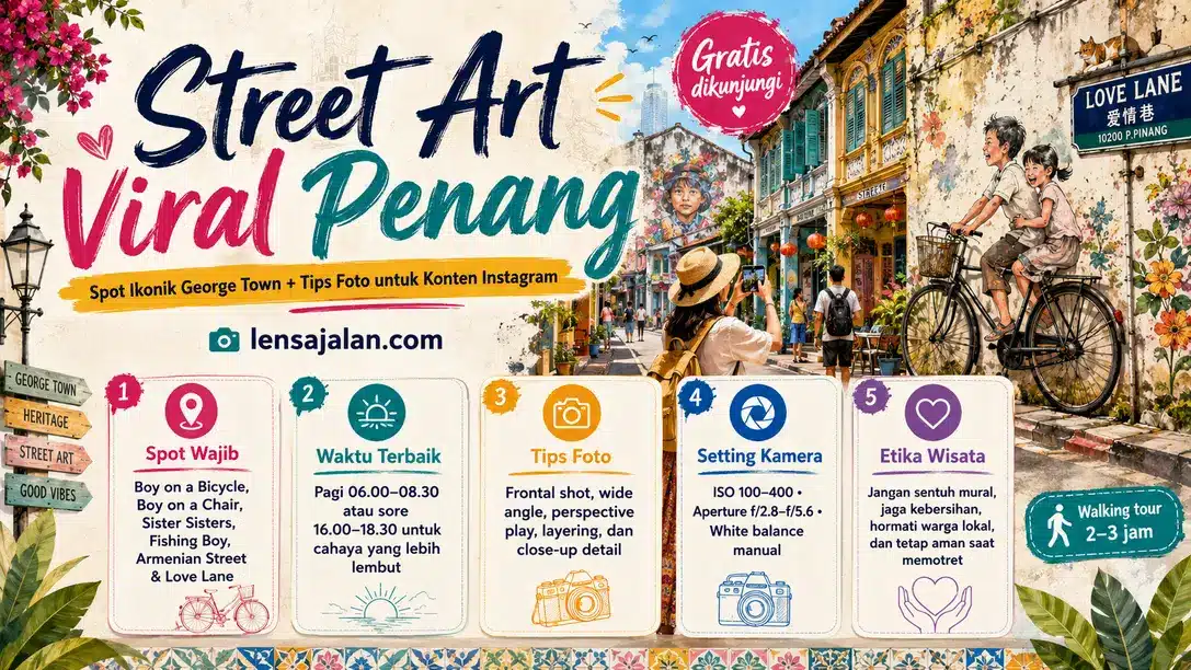 Infografis Street Art Viral Penang di George Town dengan ilustrasi mural, bangunan heritage, turis yang memotret, serta tips spot ikonik, waktu terbaik, setting kamera, dan etika wisata.