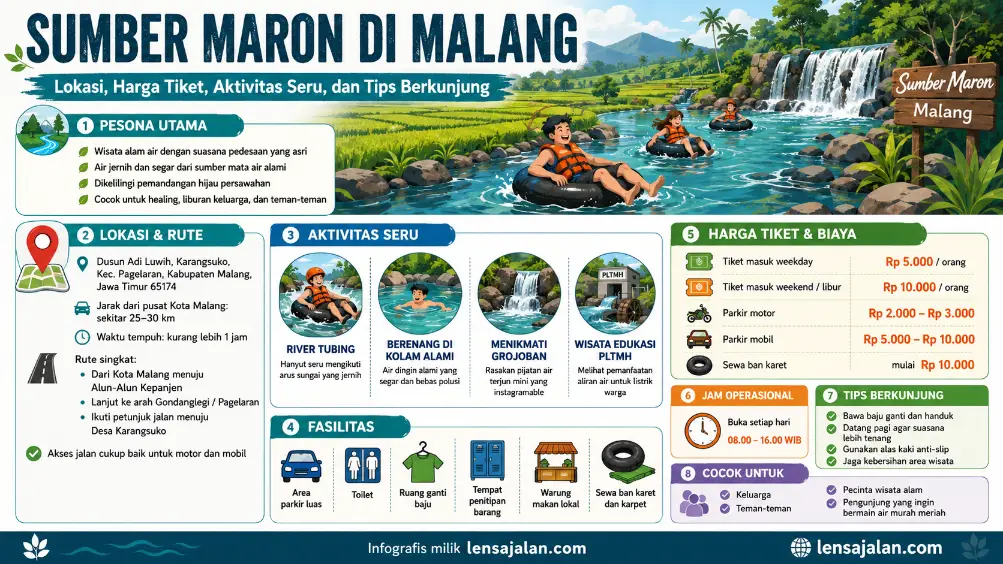 Infografis Sumber Maron di Malang berisi informasi lokasi, rute, harga tiket, jam buka, fasilitas, aktivitas river tubing, berenang, Grojoban, PLTMH, dan tips berkunjung.