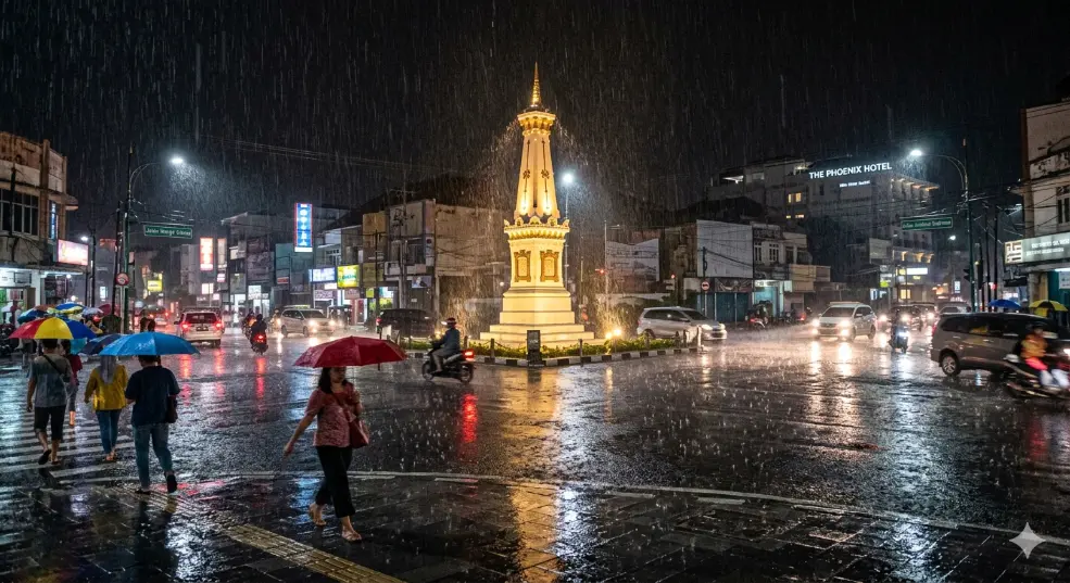 gambar tugu jogja sedang hujan saat malam hari