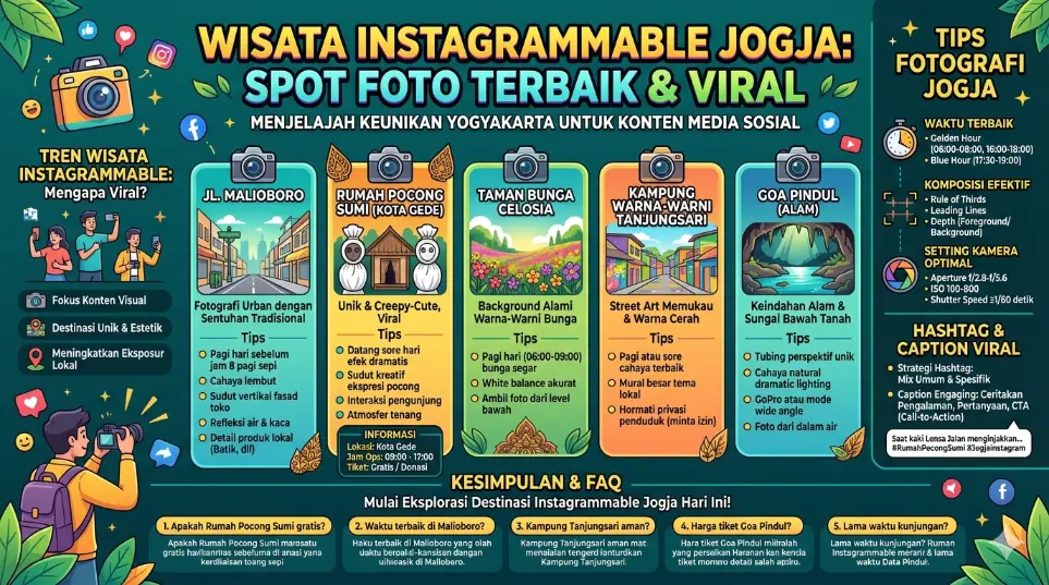 Sebuah infografis spanduk yang dinamis tentang wisata Instagrammable di Jogja, menampilkan lima spot foto utama (Jl. Malioboro, Rumah Pocong Sumi, Taman Bunga Celosia, Kampung Warna-Warni Tanjungsari, Goa Pindul) dengan tips fotografi dan FAQ. Ilustrasi kartun modern di latar belakang hijau.