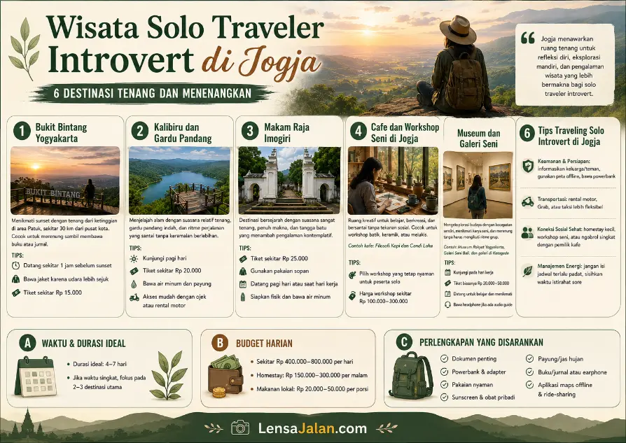 Infografis landscape wisata solo traveler introvert di Jogja yang menampilkan 6 destinasi tenang dan menenangkan, lengkap dengan tips perjalanan, budget harian, waktu ideal, dan perlengkapan yang disarankan.