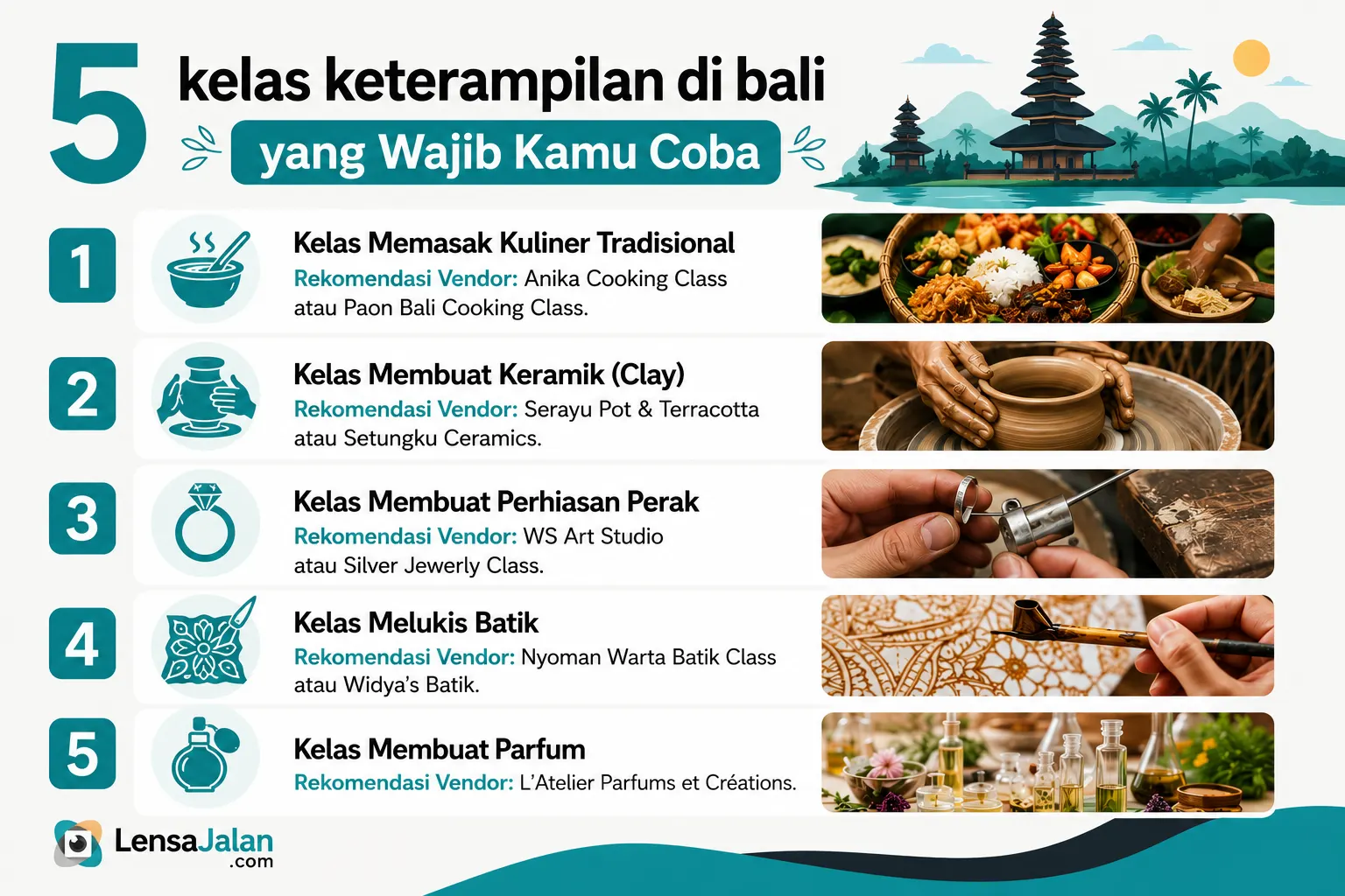Infografis 5 kelas keterampilan di Bali yang wajib kamu coba, mulai dari kelas memasak, keramik, perhiasan perak, batik, hingga pembuatan parfum.