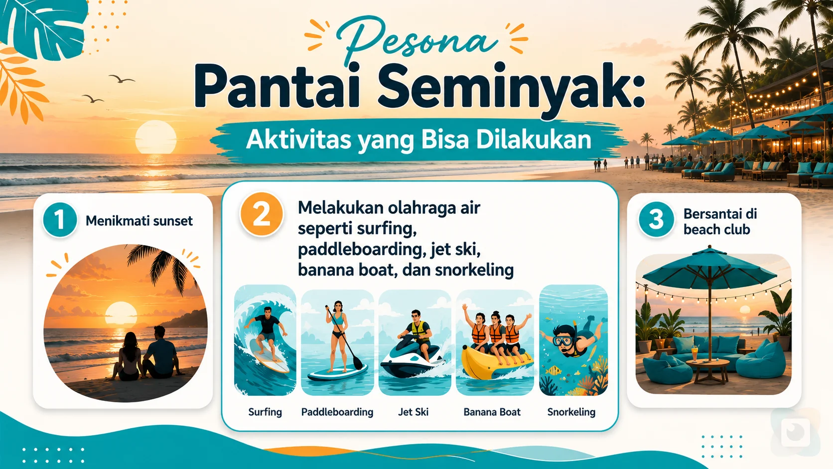Infografis pesona Pantai Seminyak dengan aktivitas wisata seperti menikmati sunset, olahraga air, dan bersantai di beach club.