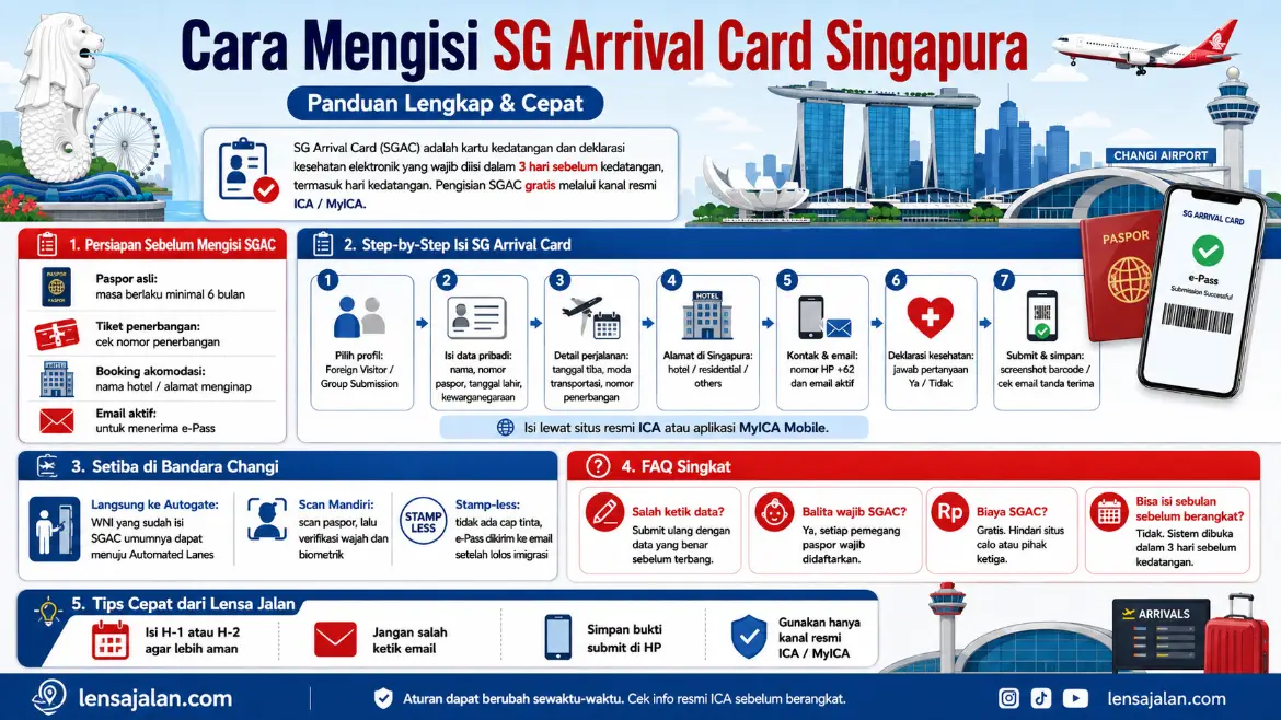 Infografis landscape panduan lengkap dan cepat mengisi SG Arrival Card Singapura, berisi persiapan sebelum mengisi SGAC, langkah-langkah pengisian, proses setiba di Bandara Changi, FAQ singkat, tips cepat, dan identitas pemilik infografis lensajalan.com.