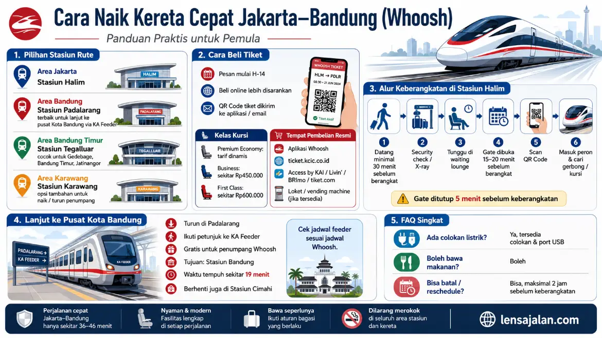 Infografis landscape panduan cara naik Kereta Cepat Jakarta-Bandung Whoosh, menampilkan pilihan stasiun Halim, Padalarang, Tegalluar, dan Karawang, cara beli tiket, alur keberangkatan di Stasiun Halim, info KA Feeder ke pusat Kota Bandung, FAQ singkat, serta identitas pemilik infografis lensajalan.com.