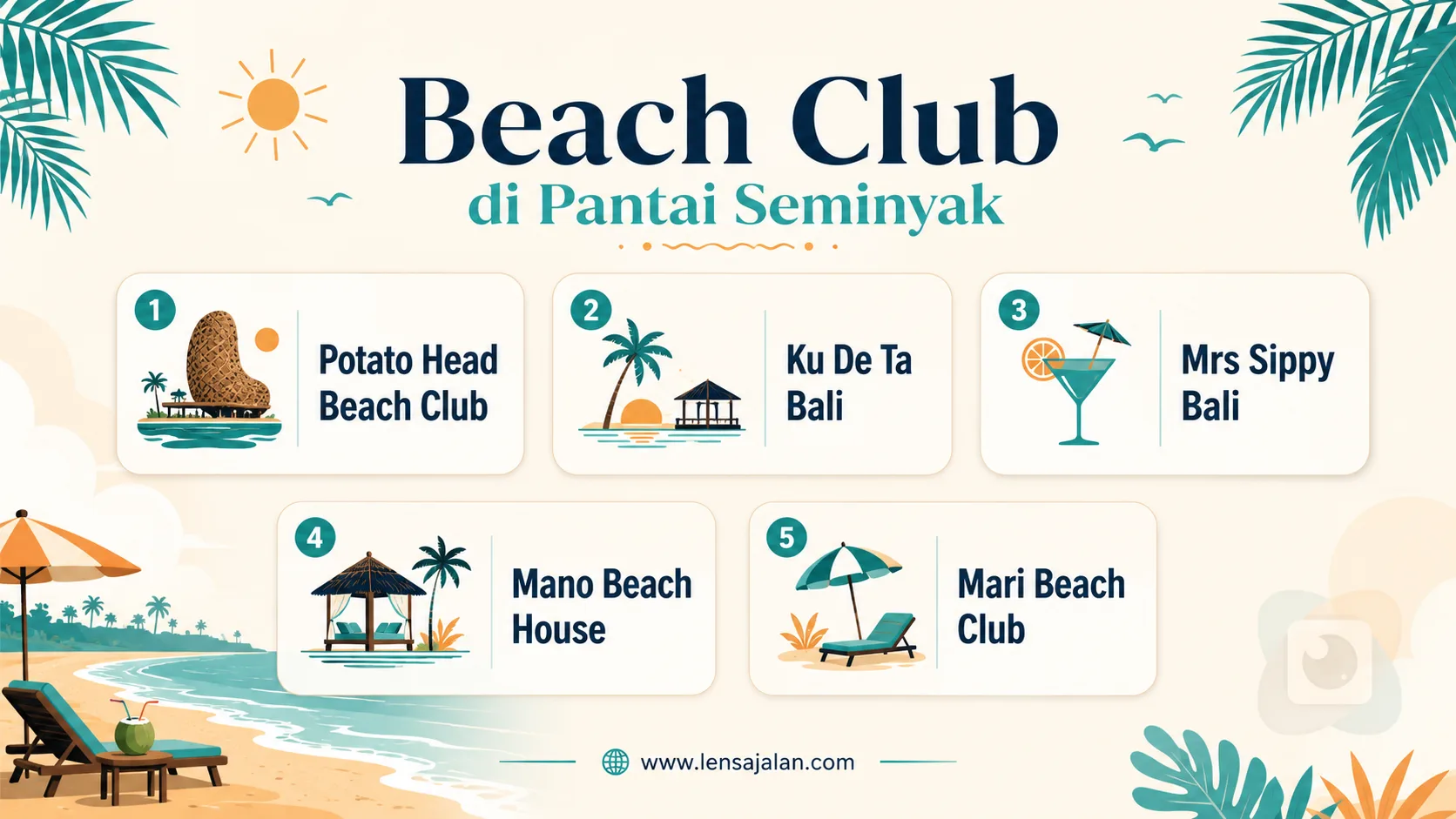 Infografis beach club di Pantai Seminyak Bali yang menampilkan Potato Head Beach Club, Ku De Ta Bali, Mrs Sippy Bali, Mano Beach House, dan Mari Beach Club.