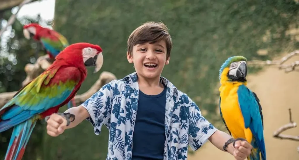 Area Interaksi Langsung "Guyu-Guyu Corner". anak sedang berfoto bersama burung kakatua warna warni yang ikonik